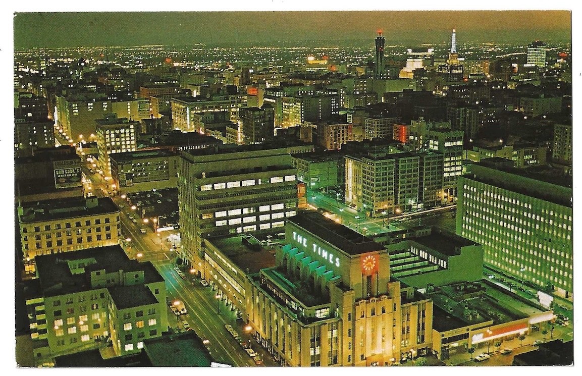 Los Angeles California c1960\'s Times Building, aerial night view, business area