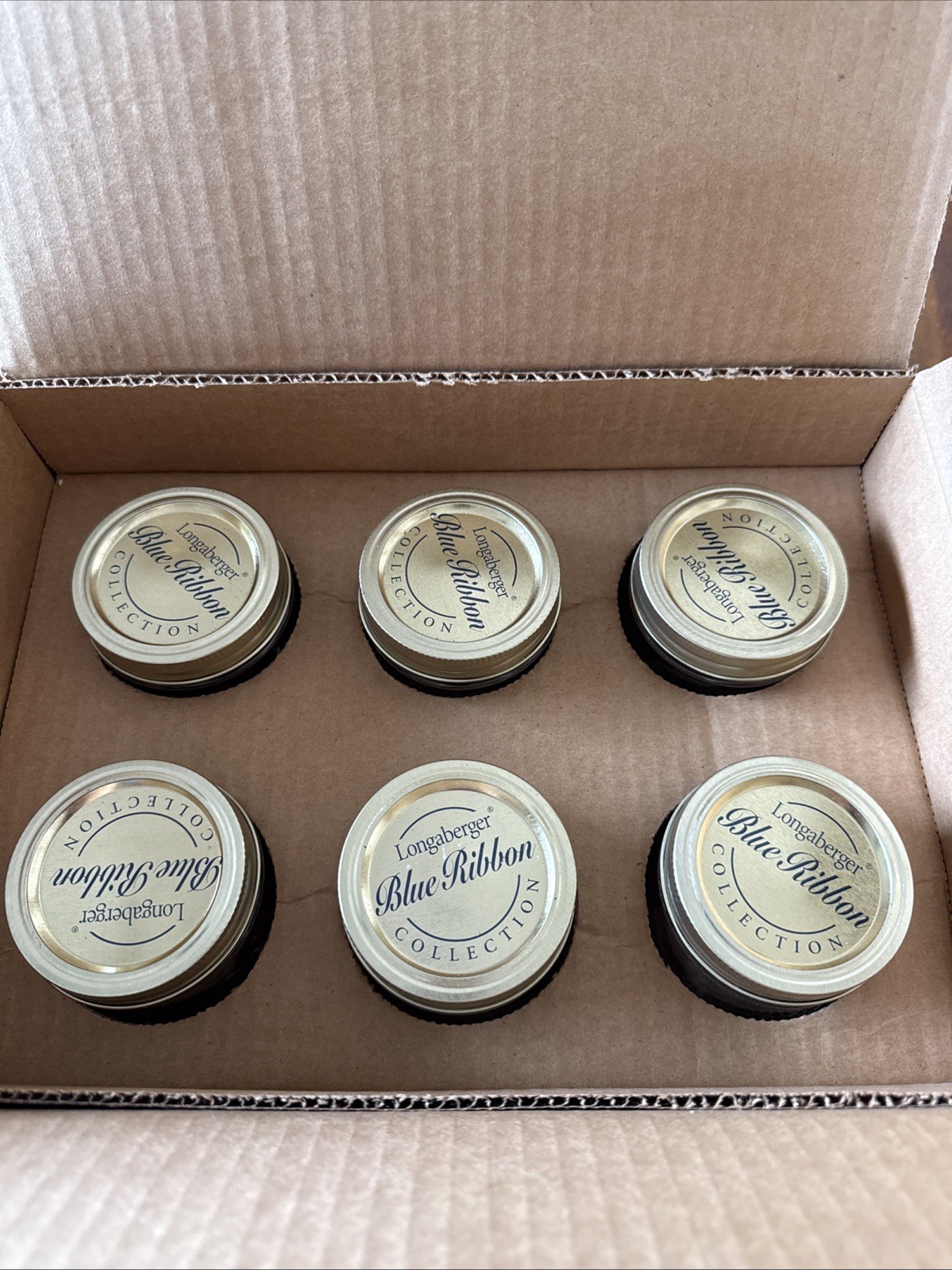 NIB Vtg Longaberger 6 Glass Pint Canning Jars Blue Ribbon Collection Lids USA