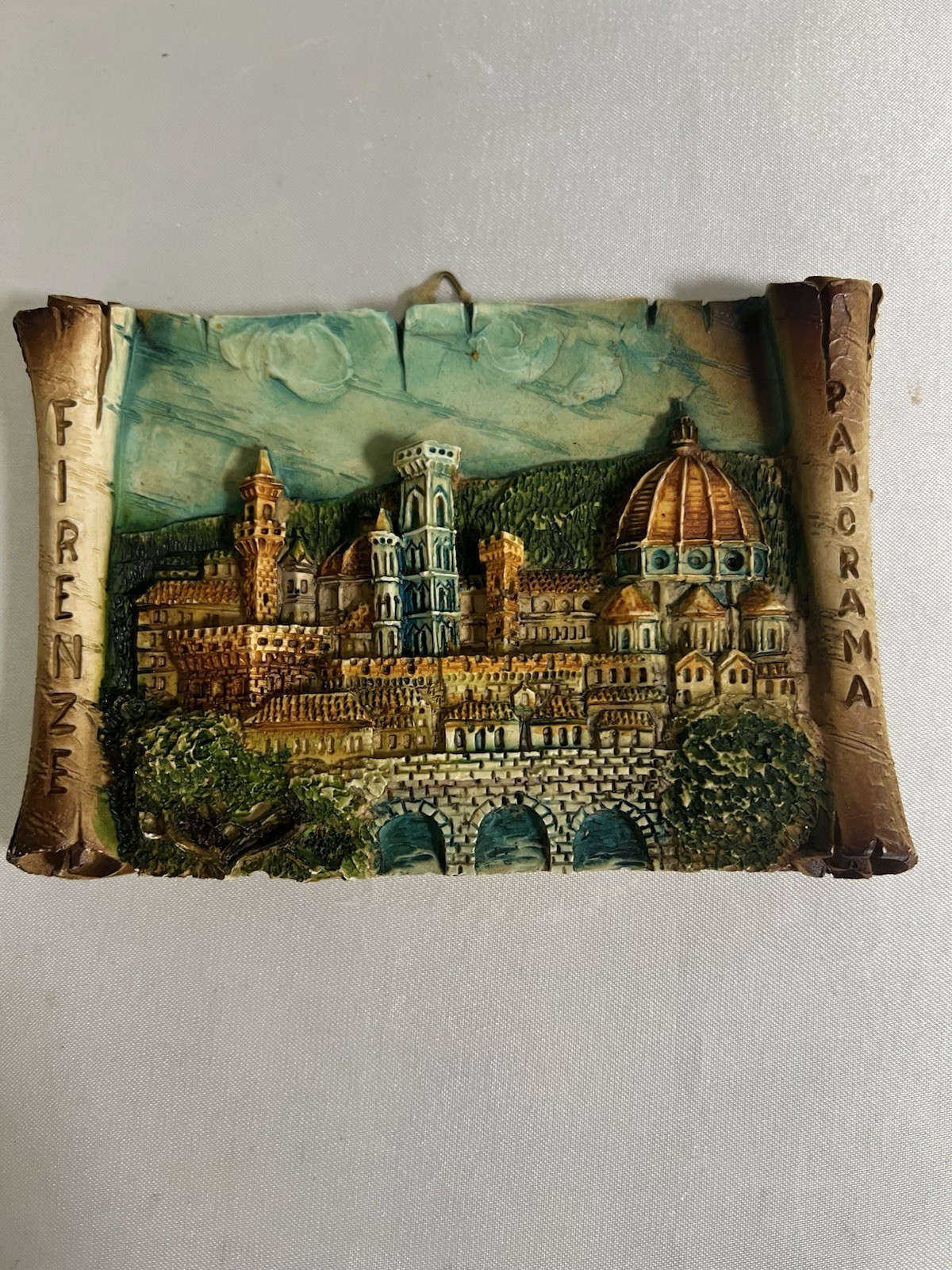 Vintage Firenze Florence Italy 3D Relief Scroll Wall Plaque Panorama Souvenir