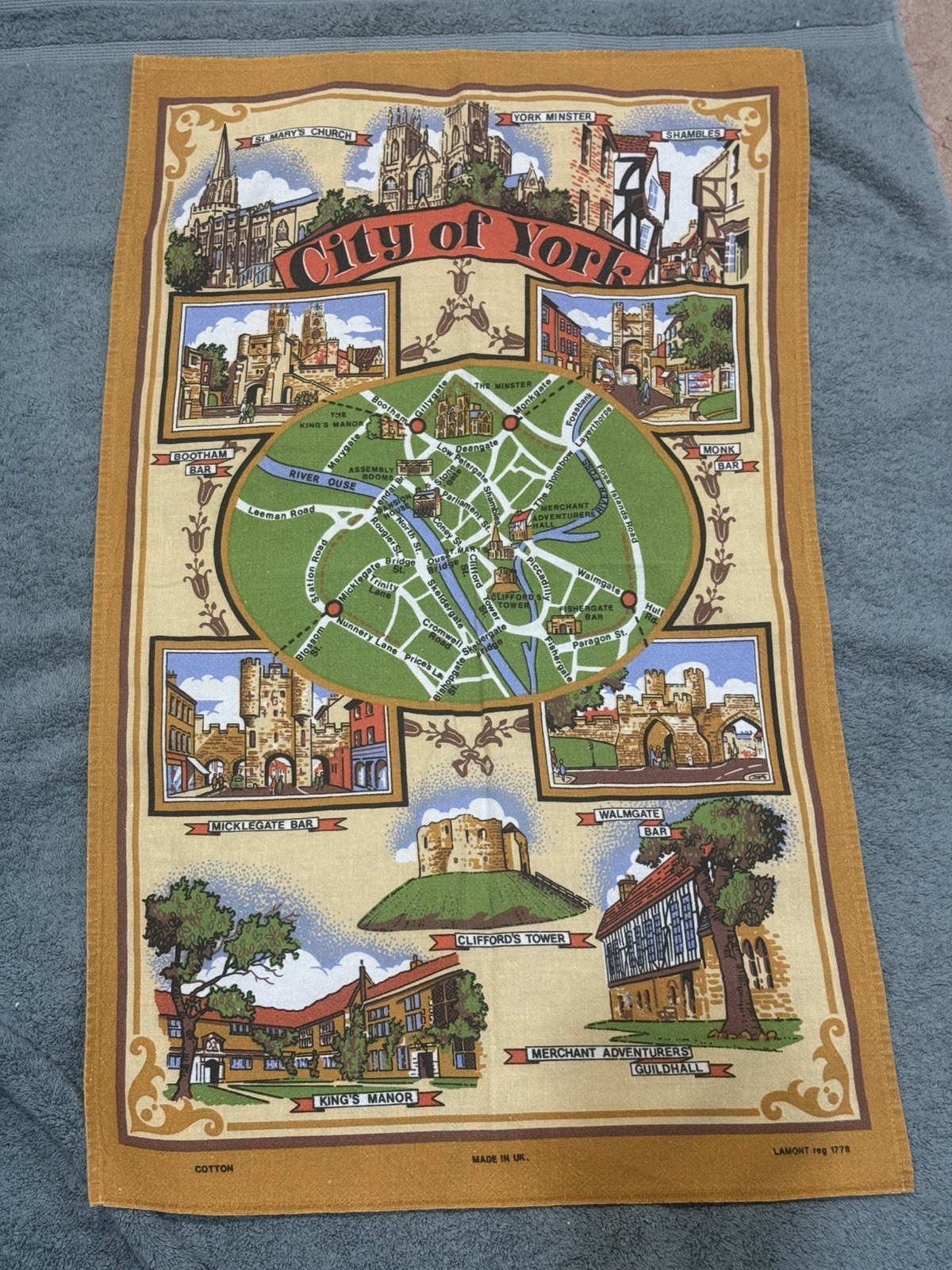 Vtg NEW City of York England Souvenir Printed Cotton Kitchen Tea Towel by Lamont Vtg NEW City of York England Souvenir Printed Cotton Kitchen Tea Towel by Lamont