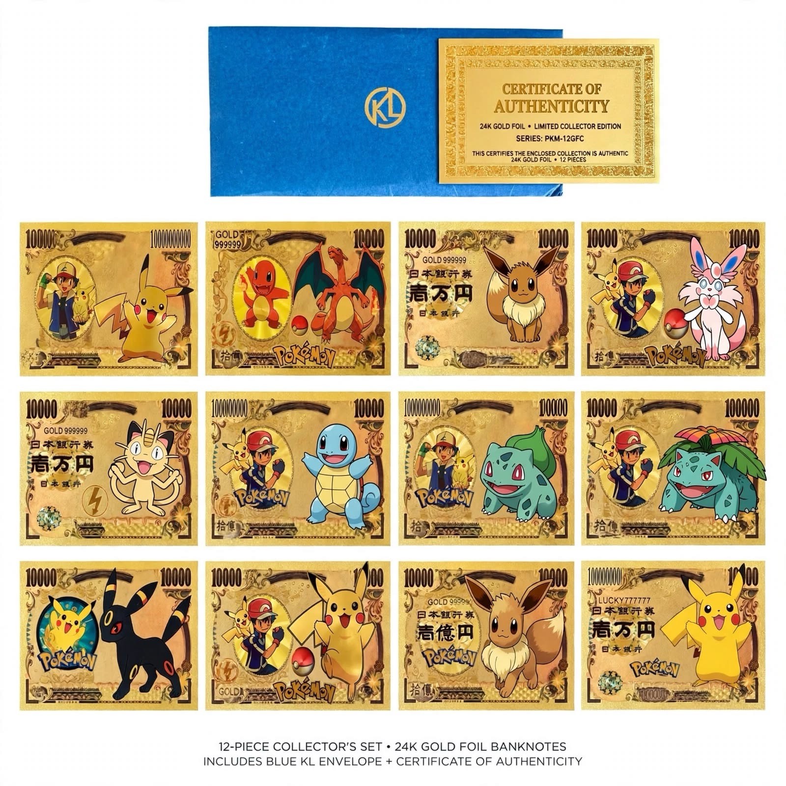 Pokemon24K Gold Foil Banknotes12pc COMPLETE SET10000 Yen Pikachu Charizard Eevee