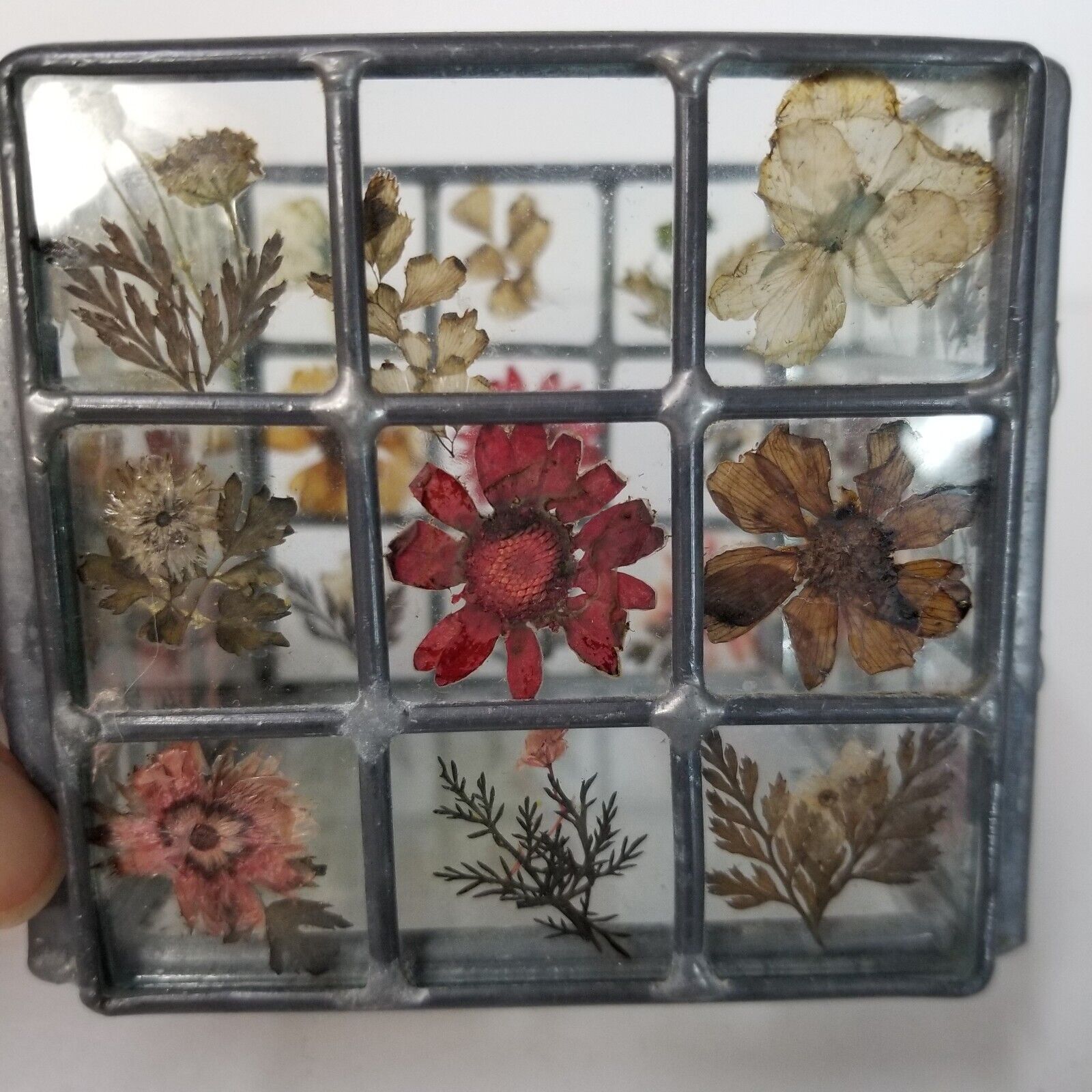 Vintage Leaded Glass Pressed Flowers Candle Holder, Tea Light Berkeley Designs