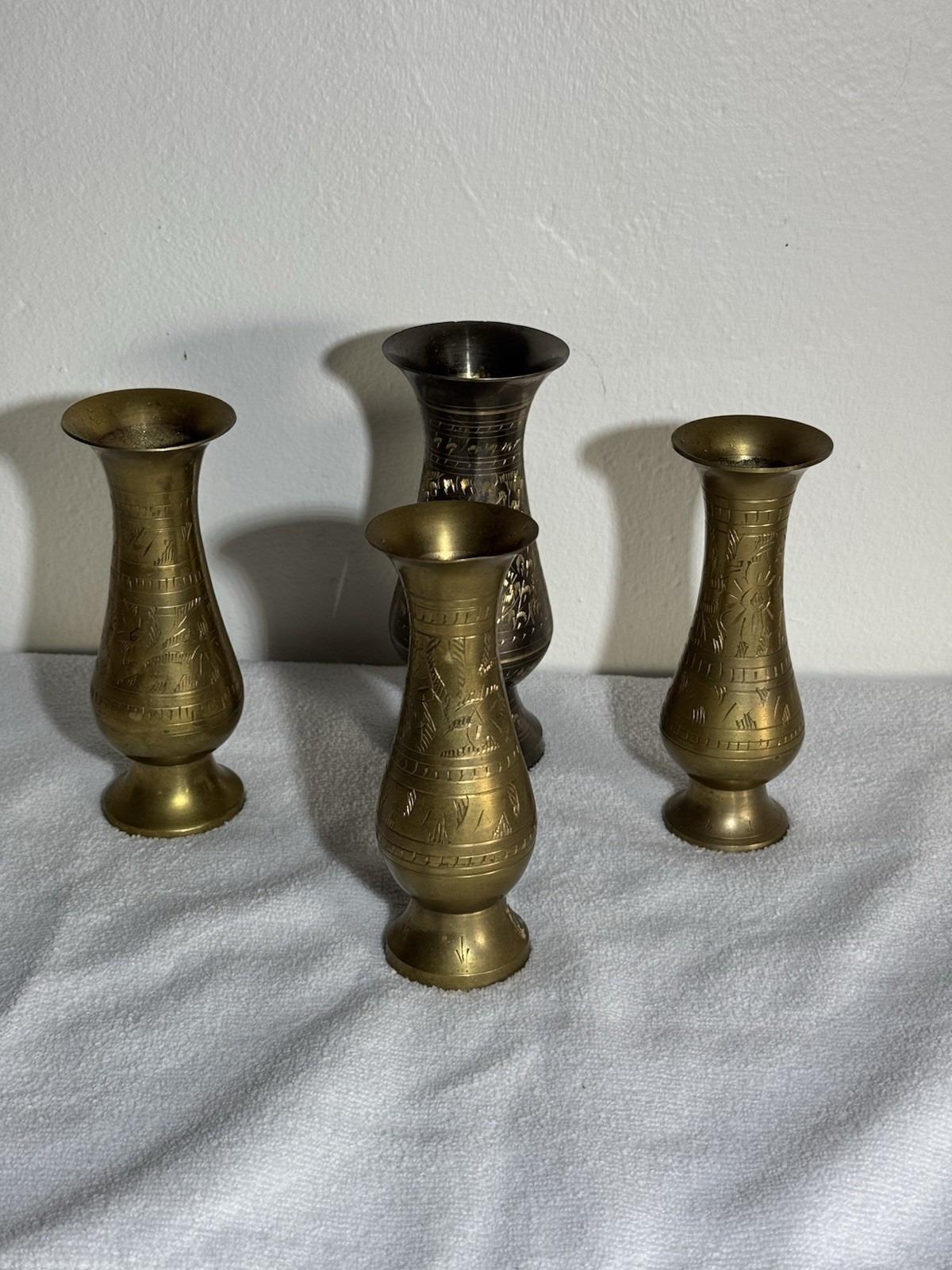 Vintage Etched Brass Bud Vases Lot of 4 Hand Engraved Floral Boho Decor Vintage Etched Brass Bud Vases Lot of 4 Hand Engraved Floral Boho Decor