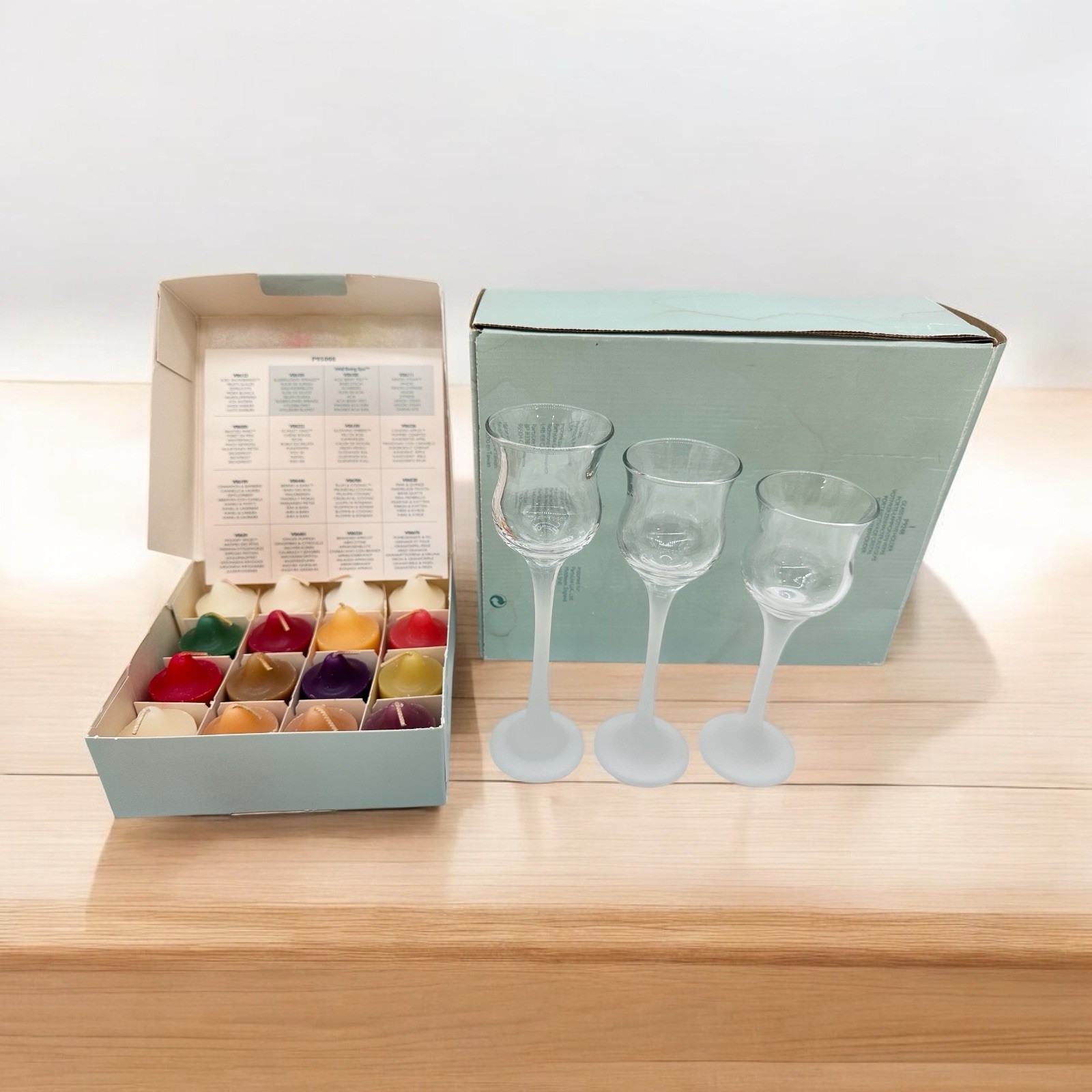 PartyLite Iced Crystal Stemmed Trio Set Glass Votive With Box Of 16 New Candles PartyLite Iced Crystal Stemmed Trio Set Glass Votive With Box Of 16 New Candles