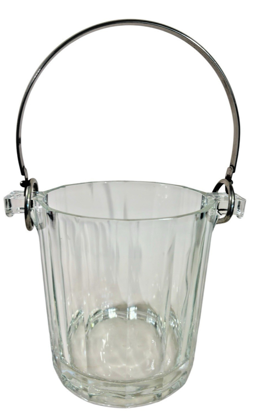 Vintage Mid Century Paneled Glass Crystal Ice Bucket w Removable Chrome Handle