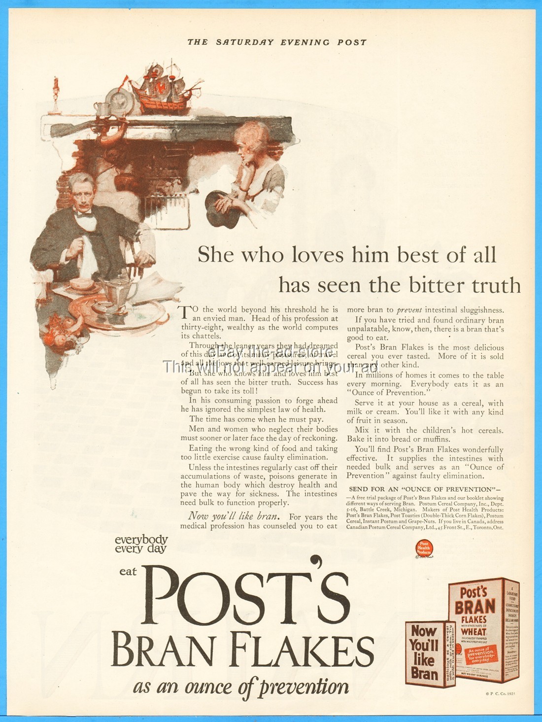 1925 Post's Bran Flakes Postum Cereal Co Battle Creek MI She Who Loves Him Ad