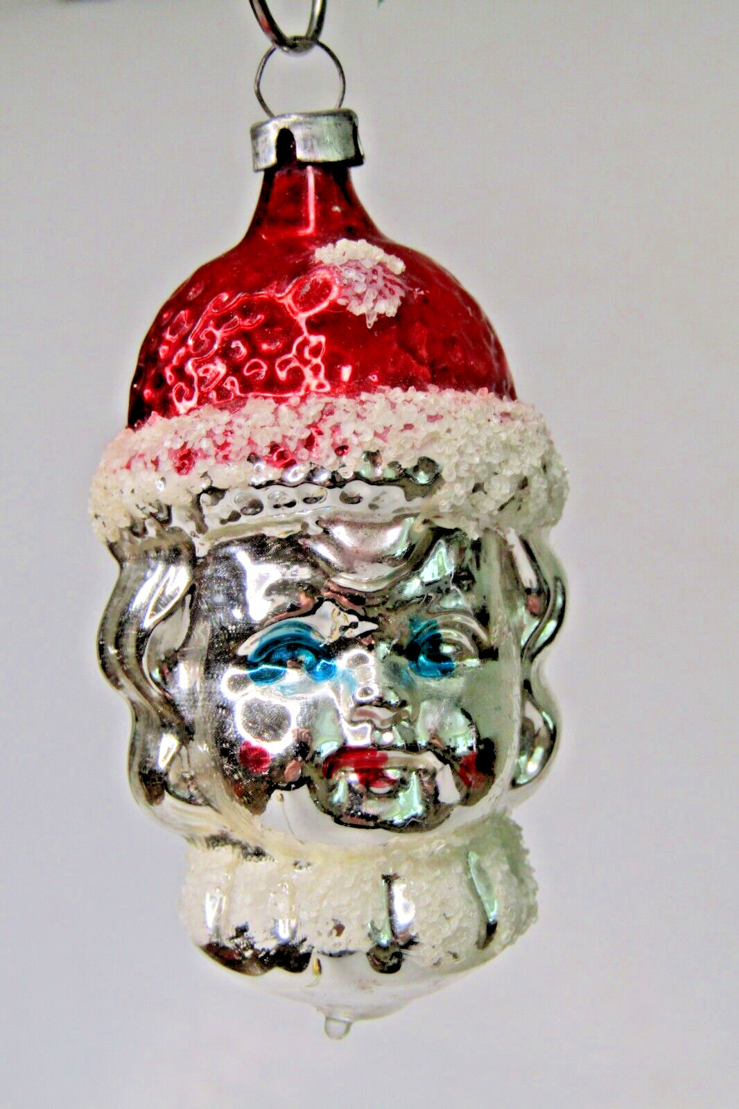 Vintage Blown Glass Mica BLUE EYE BOY HEAD Christmas Ornament Germany