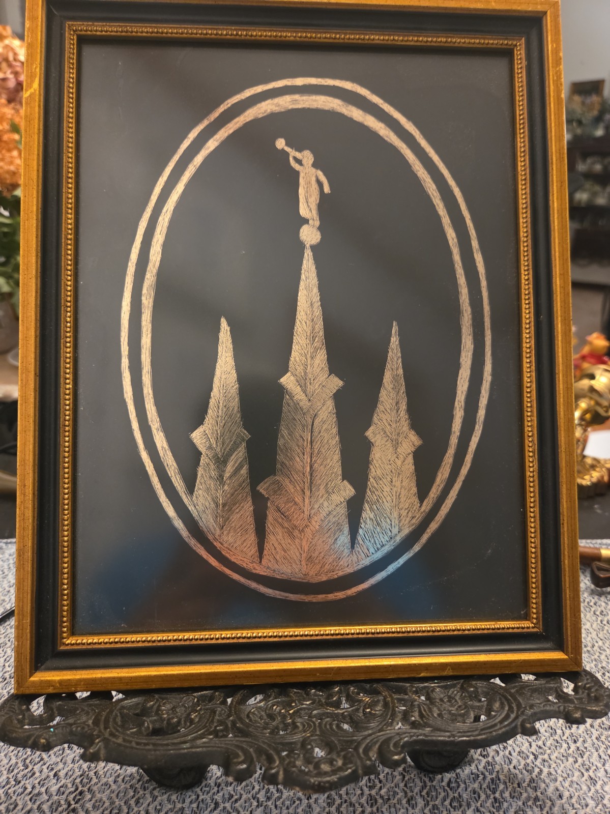 Vintage Etching Of The Angel Meroni Atop The Utah Mormon Church Spires Religous