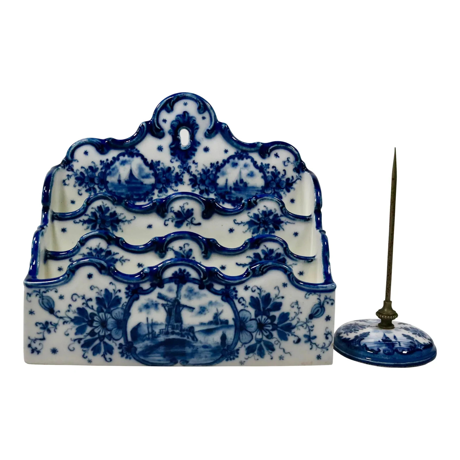 Delft Pattern Blue and White Letter Holder and Receipt Spindle Windmill Ship