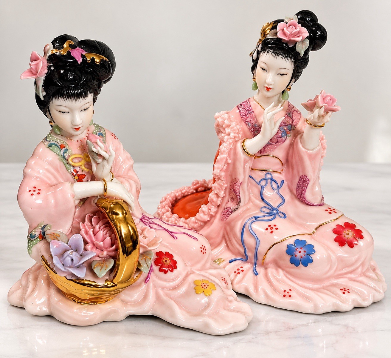 Set of 2 Asian Lady Porcelain Figurines Pink Floral Dress Gold Accents Set of 2 Asian Lady Porcelain Figurines Pink Floral Dress Gold Accents