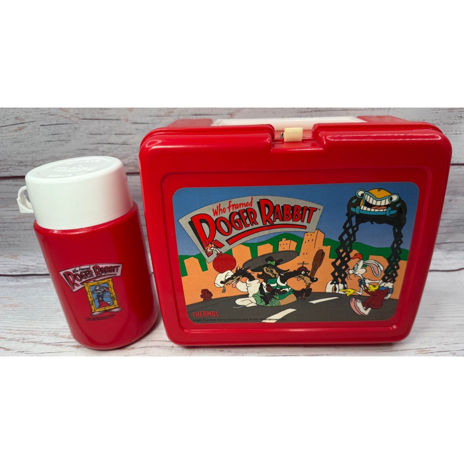 Vintage 1987 Who Framed Roger Rabbit Thermos Lunch Box & Bottle Set Red Plastic Vintage 1987 Who Framed Roger Rabbit Thermos Lunch Box & Bottle Set Red Plastic
