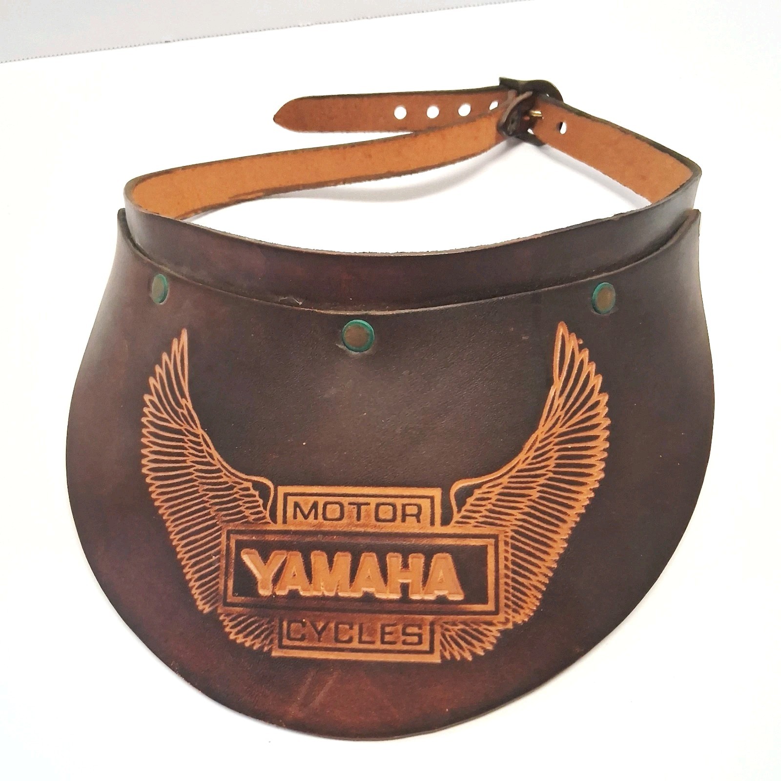Vintage Tooled Brown Leather Motorcycle Visor YAMAHA Logo With Wings 1970's RARE Vintage Tooled Brown Leather Motorcycle Visor YAMAHA Logo With Wings 1970's RARE