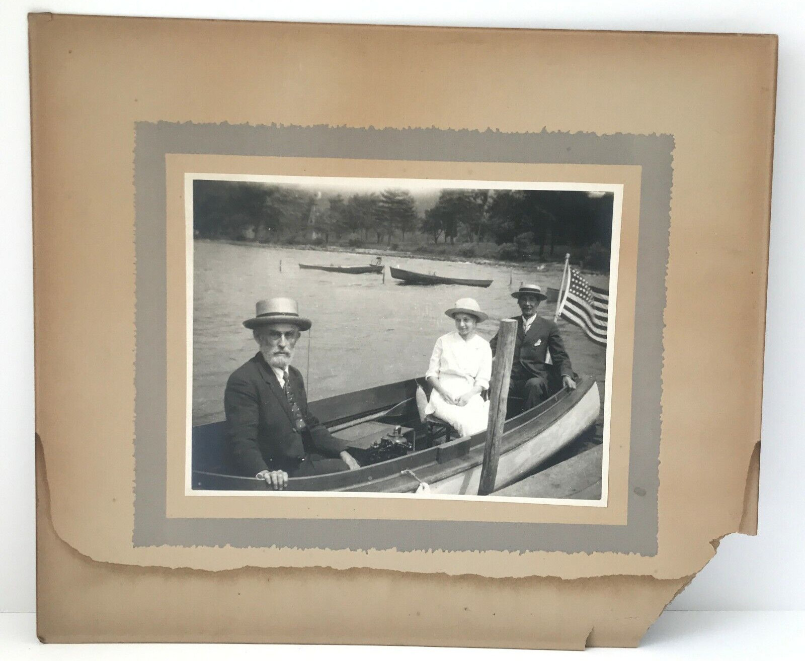 Antique Photo Men Woman Rowboat American Flag Lake Boating Americana 1910s 1920s