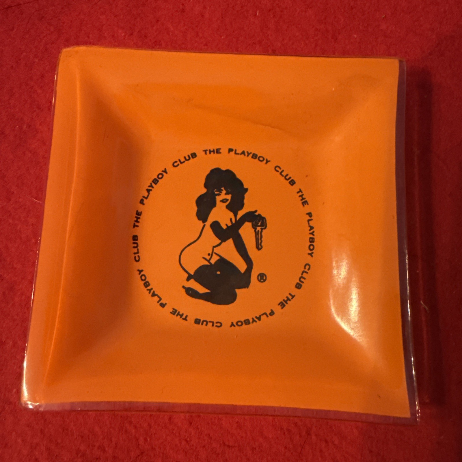Vtg Playboy Club Orange Glass Ashtray Retro 1960s Art Deco Bunny Hugh Hefner