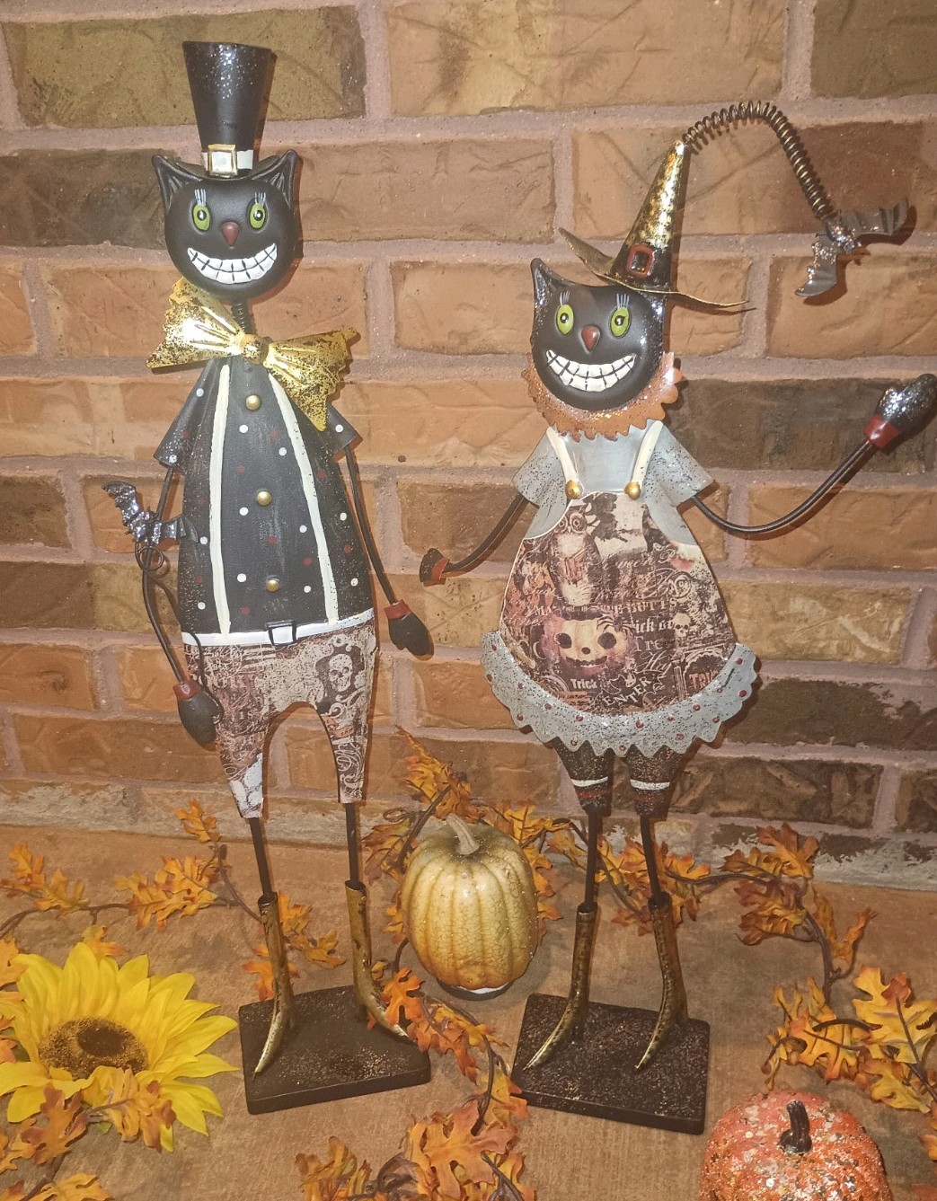 Halloween Folk Art Metal Whimsical Cat Pair 22\ Halloween Folk Art Metal Whimsical Cat Pair 22\