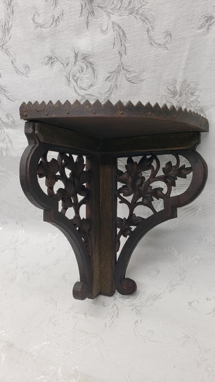 Antique Black Forest Shelf Hand Carved Wood Corner Leaf Motif 11\