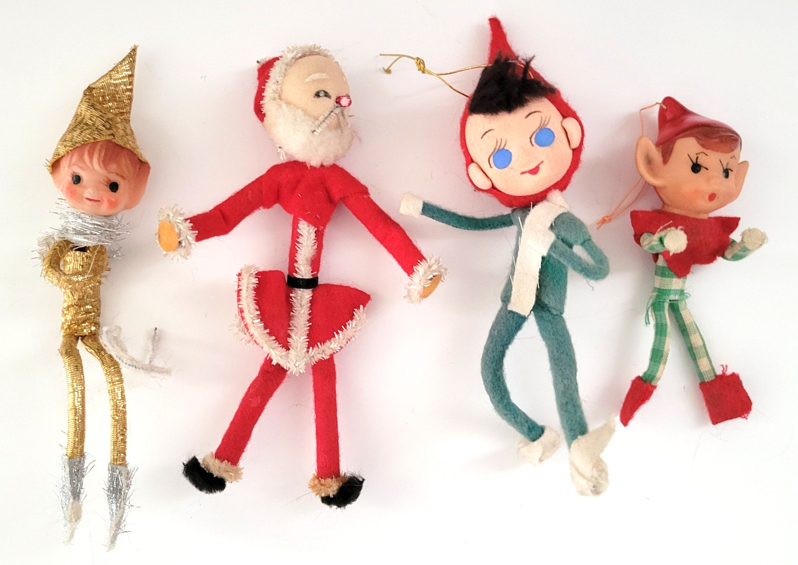 4 Vintage Pixie Elves Santa Christmas Ornaments Felt