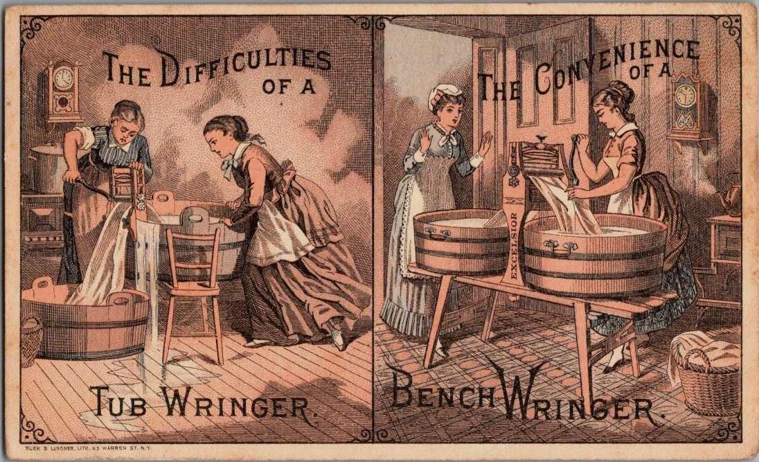 Victorian Trade Cards 1870s Excelsior Wringer - Convenience of a Bench Wringer Victorian Trade Cards 1870s Excelsior Wringer - Convenience of a Bench Wringer