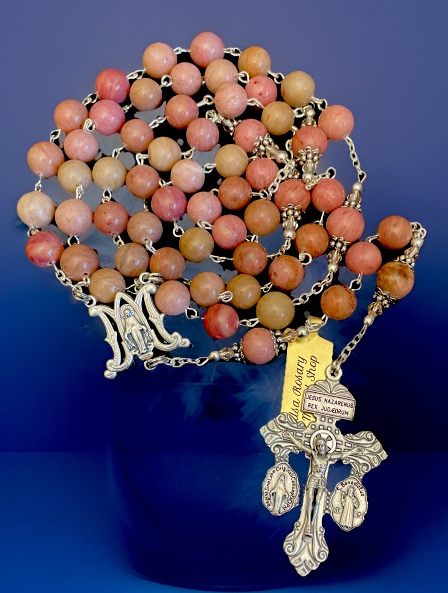 Semi Precious Genuine Red Rhodonite 10mm Stone XL 30” Rosary Pardon Crucifix Tag