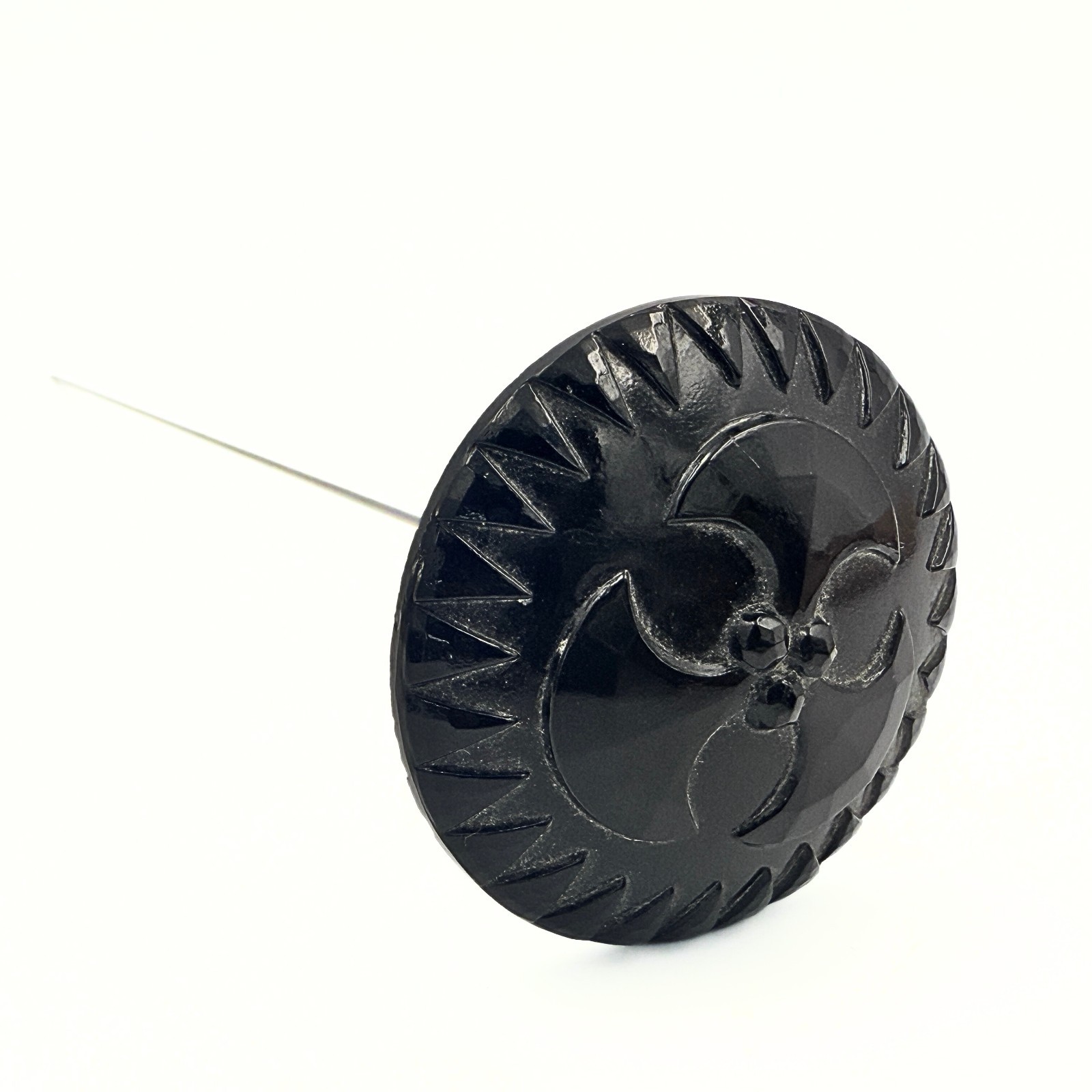 Antique Victorian Black Glass Mourning Jewelry Jet Glass Molded Round Hatpin 
