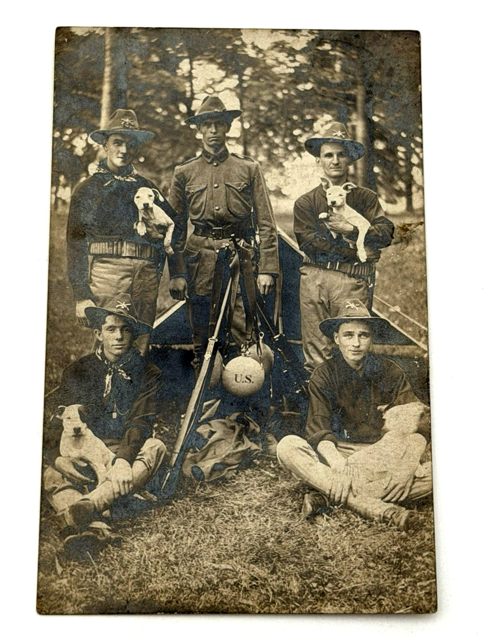 1906 RPPC US Soldiers With Puppies Rifles Military Camp Photo Postcard Indiana