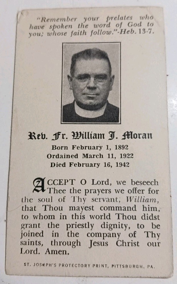 Vintage 1942 Catholic Prayer Card Rev William J Moran Pittsburgh PA Holy Card