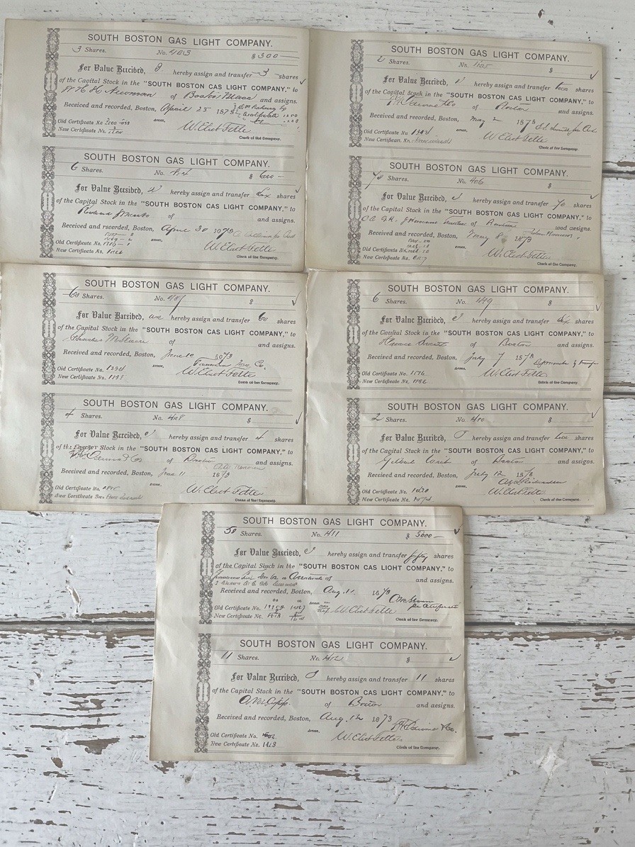 1873 South Boston Gas Light Co Stock Transfer Stubs Lot of 10 Ephemera Fette
