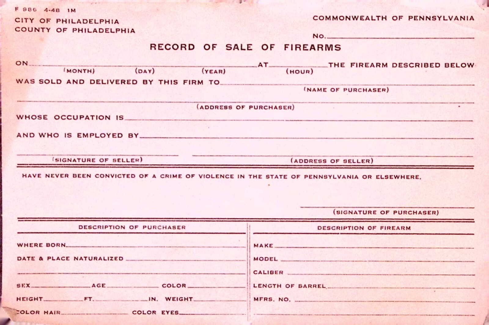 1948 Philadelphia PA Firearms Record of Sale Form Pennsylvania Gun Bill Unused 1948 Philadelphia PA Firearms Record of Sale Form Pennsylvania Gun Bill Unused