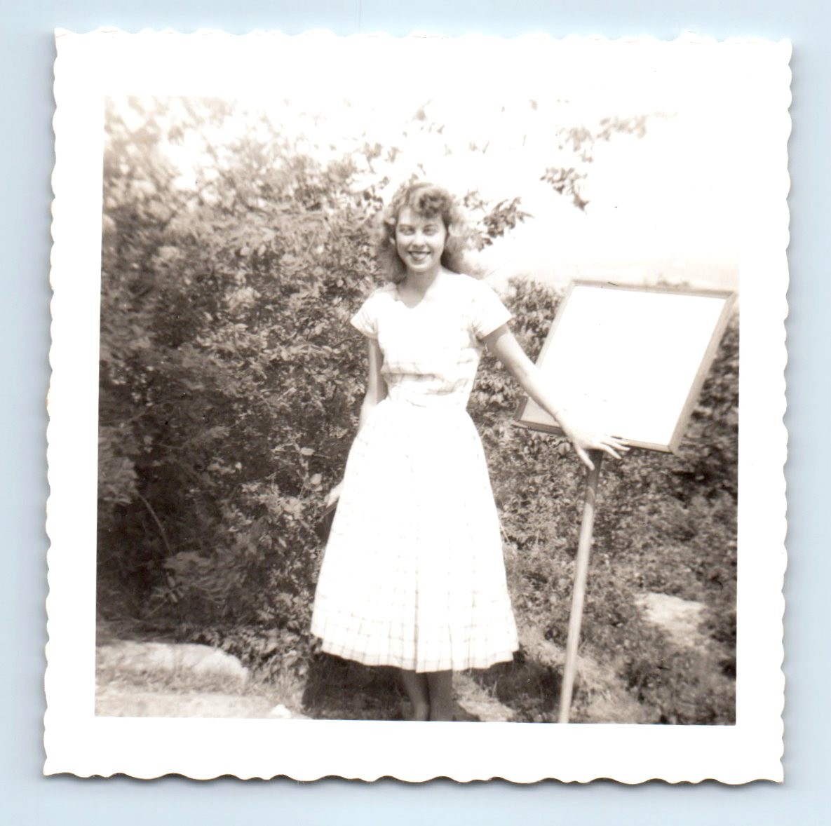 Old Vintage Square Photo SOLO SMILING WOMAN PRETTY DRESS STANDING OUTSIDE