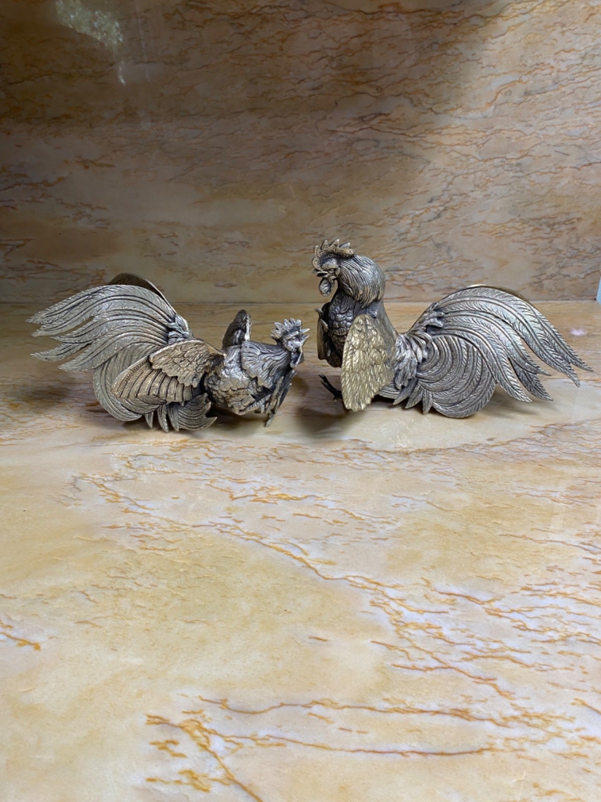 vintage pair of fighting rooster sculptures Silver plated bronze made in Italy vintage pair of fighting rooster sculptures Silver plated bronze made in Italy