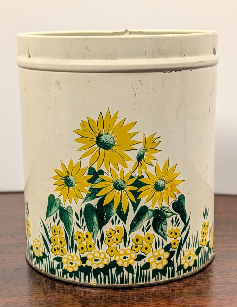Vintage Sunflower Floral Metal Tin Canister No Lid Farmhouse Yellow Green Decor