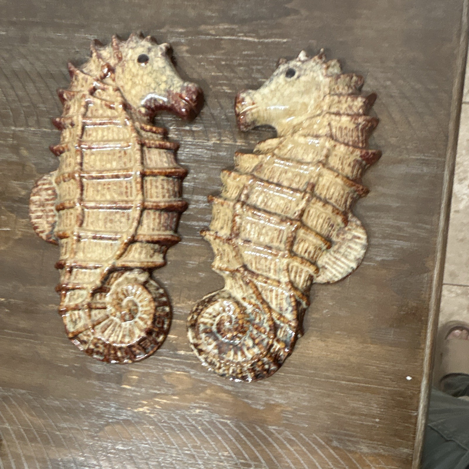 Vintage MCM Ceramic Seahorse Wall Plaques Pair Brown Drip Glaze Nautical