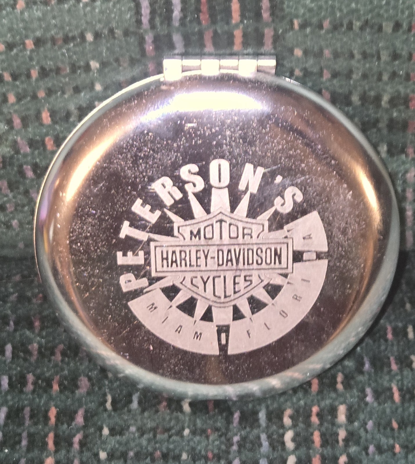 Vtg. Peterson\'s Harley-Davidson Miami Fl. Compact Pocket Mirror Metal Rare