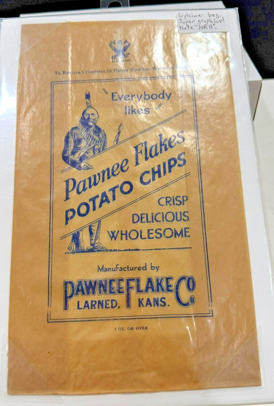 2290.8 - 1930\'s Rare Pawnee Flakes Potato Chips Bag & NRA Logo