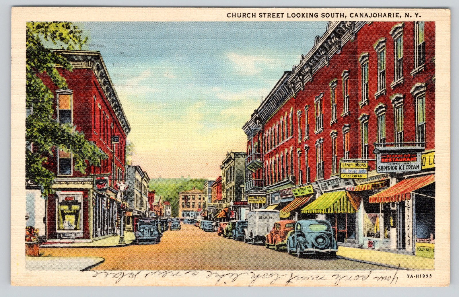 Canajoharie NY Postcard Church Street looking south New York 1938 Posted Old Car