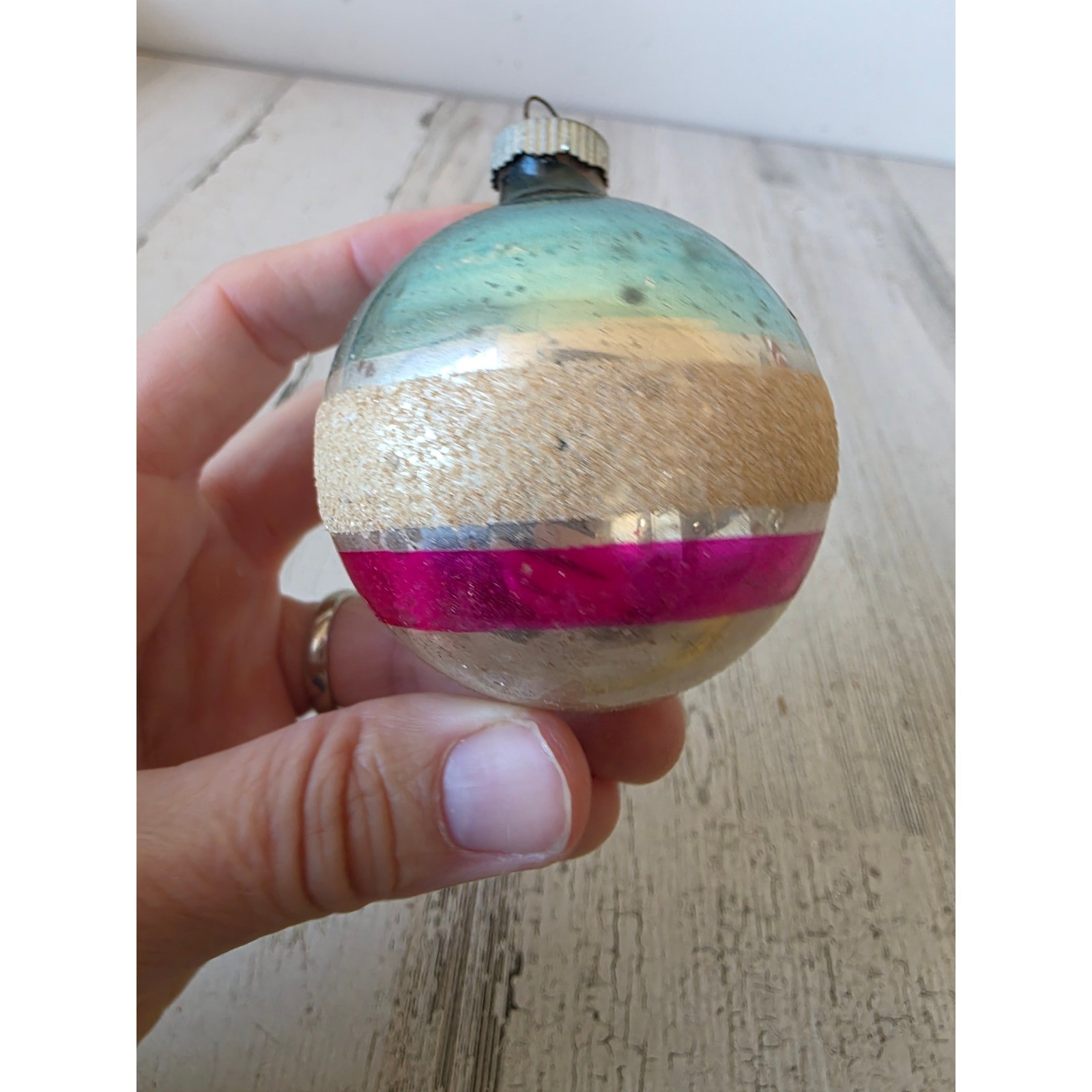 Vintage shiny brite Mica striped pink blue glass ornament Xmas tree