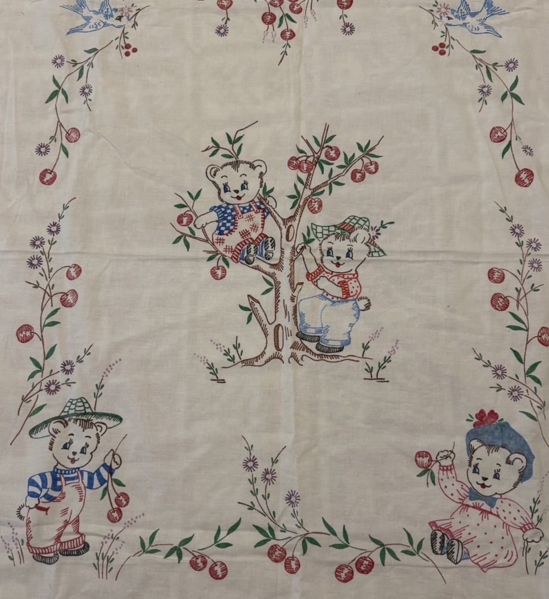 Vintage Handmade Teddy Bear Cherry Tablecloth 46” x 34” Cottage Nursery Decor Vintage Handmade Teddy Bear Cherry Tablecloth 46” x 34” Cottage Nursery Decor