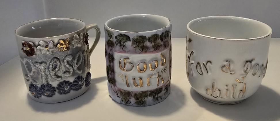 (3) Antique German Porcelain mini mugs - Present, Good luck, For a good child (3) Antique German Porcelain mini mugs - Present, Good luck, For a good child