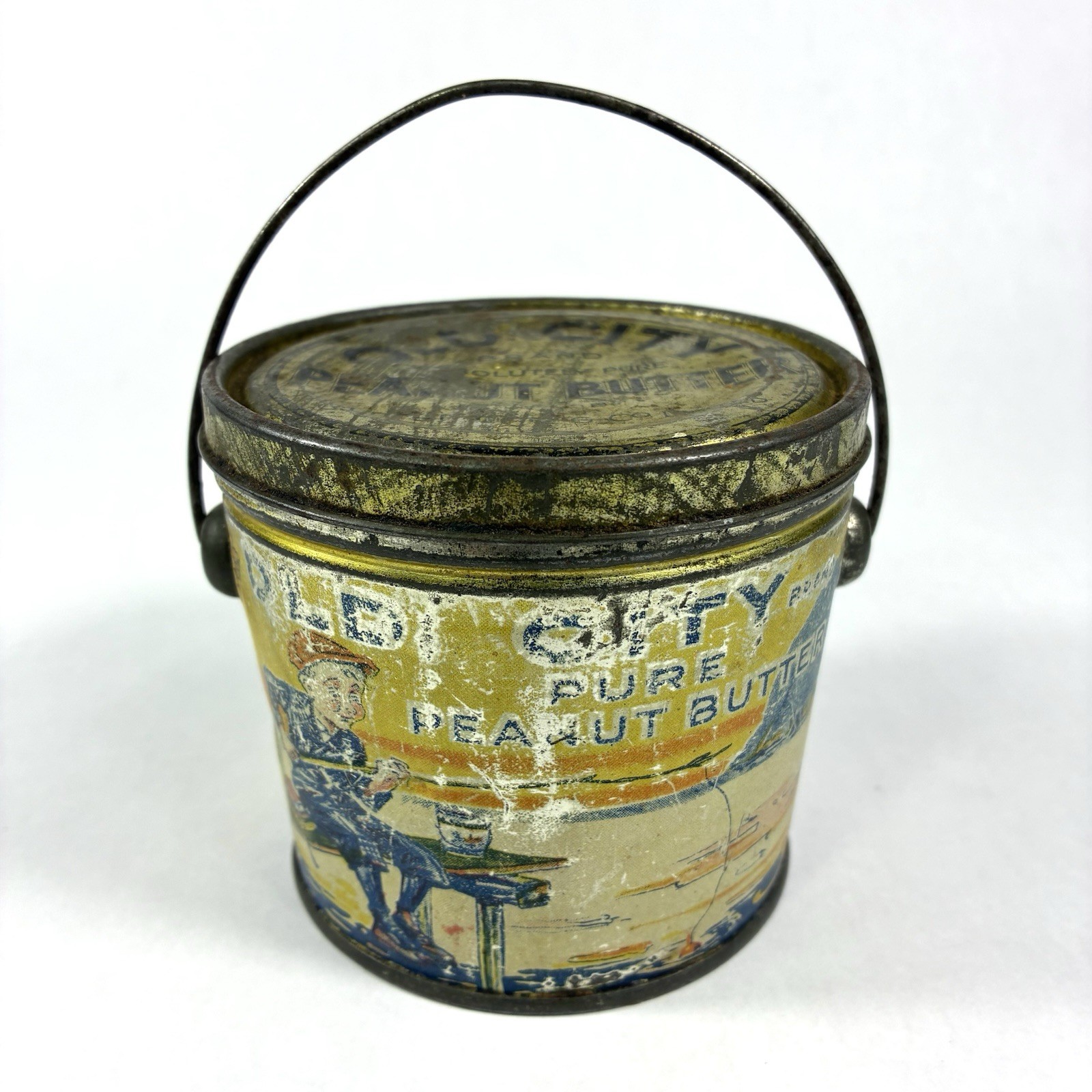 Rare Antique Old City Peanut Butter Tin Pail Boy Fishing Horse Sleigh Quebec Vtg Rare Antique Old City Peanut Butter Tin Pail Boy Fishing Horse Sleigh Quebec Vtg