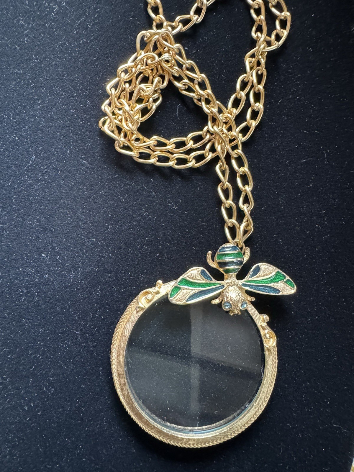 VINTAGE Florenza Magnifying Glass Necklace enamel Bejeweled For Treasure Hunting