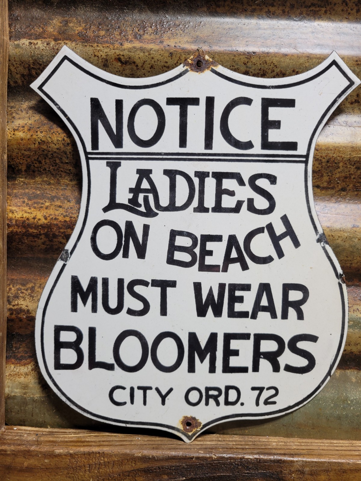 VINTAGE NUDE BEACH PORCELAIN SIGN OLD NOTICE LADIES MUST WEAR BLOOMERS SHIELD 