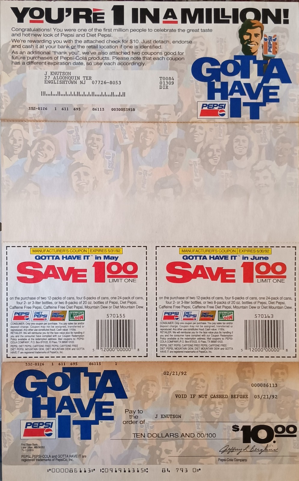 1992 Pepsi Gotta Have It Appreciation $10 Check and Coupons, One of the First 1992 Pepsi Gotta Have It Appreciation $10 Check and Coupons, One of the First