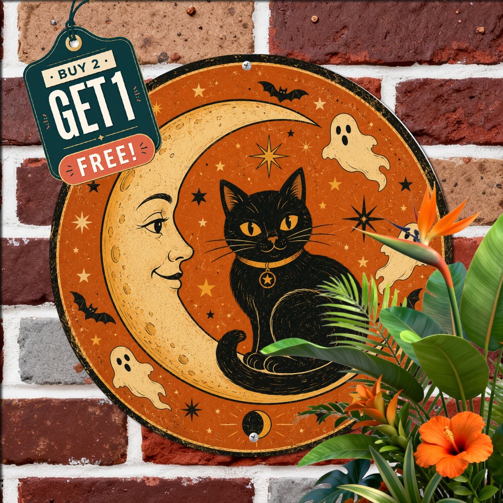 Retro Black Cat Moon Stars Bats Halloween Round Metal Sign Wall Plaque
