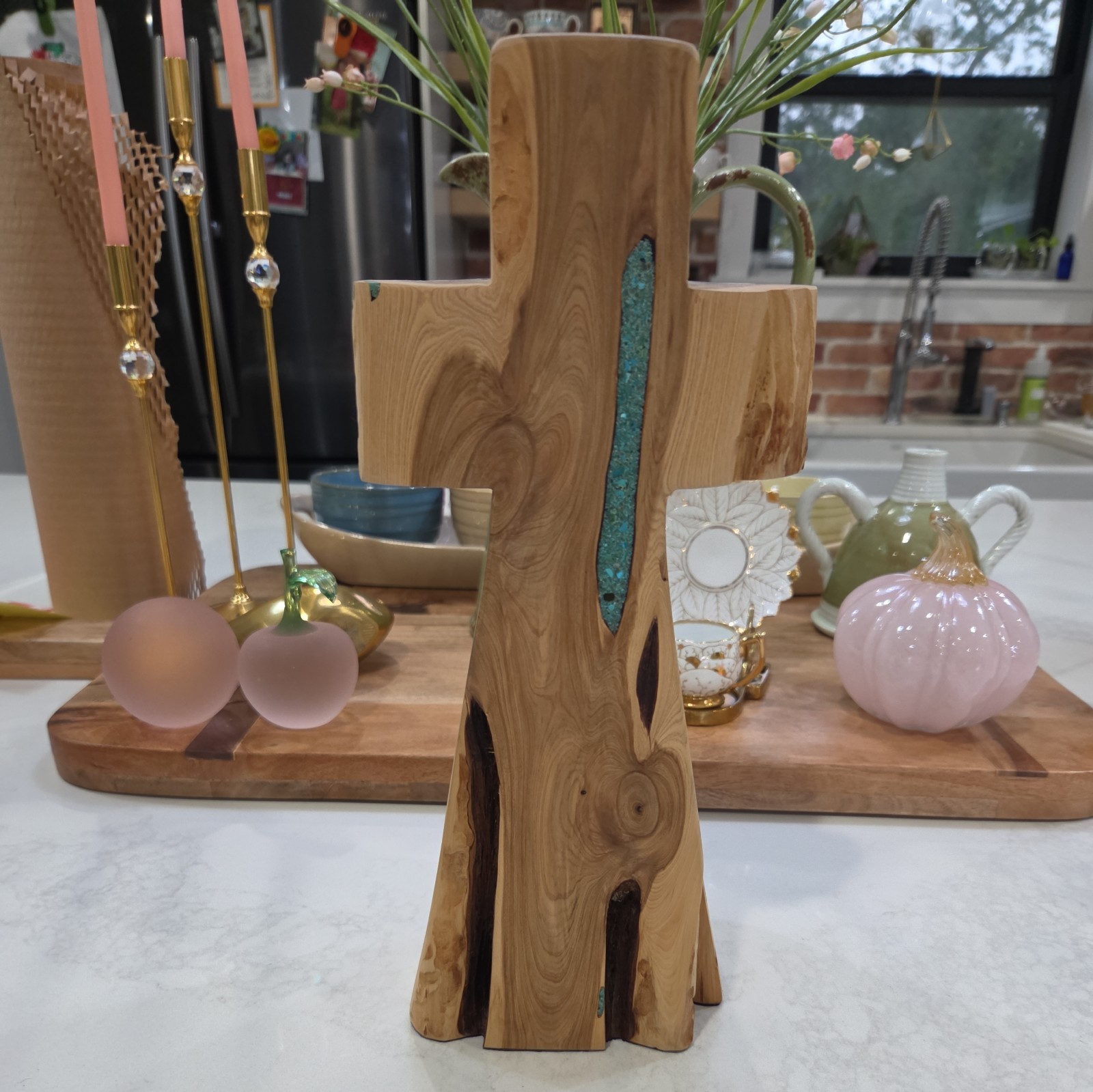 Handmade Juniper Wood Cross Resin Filled Turquoise Inlay Religious Home Decor Handmade Juniper Wood Cross Resin Filled Turquoise Inlay Religious Home Decor