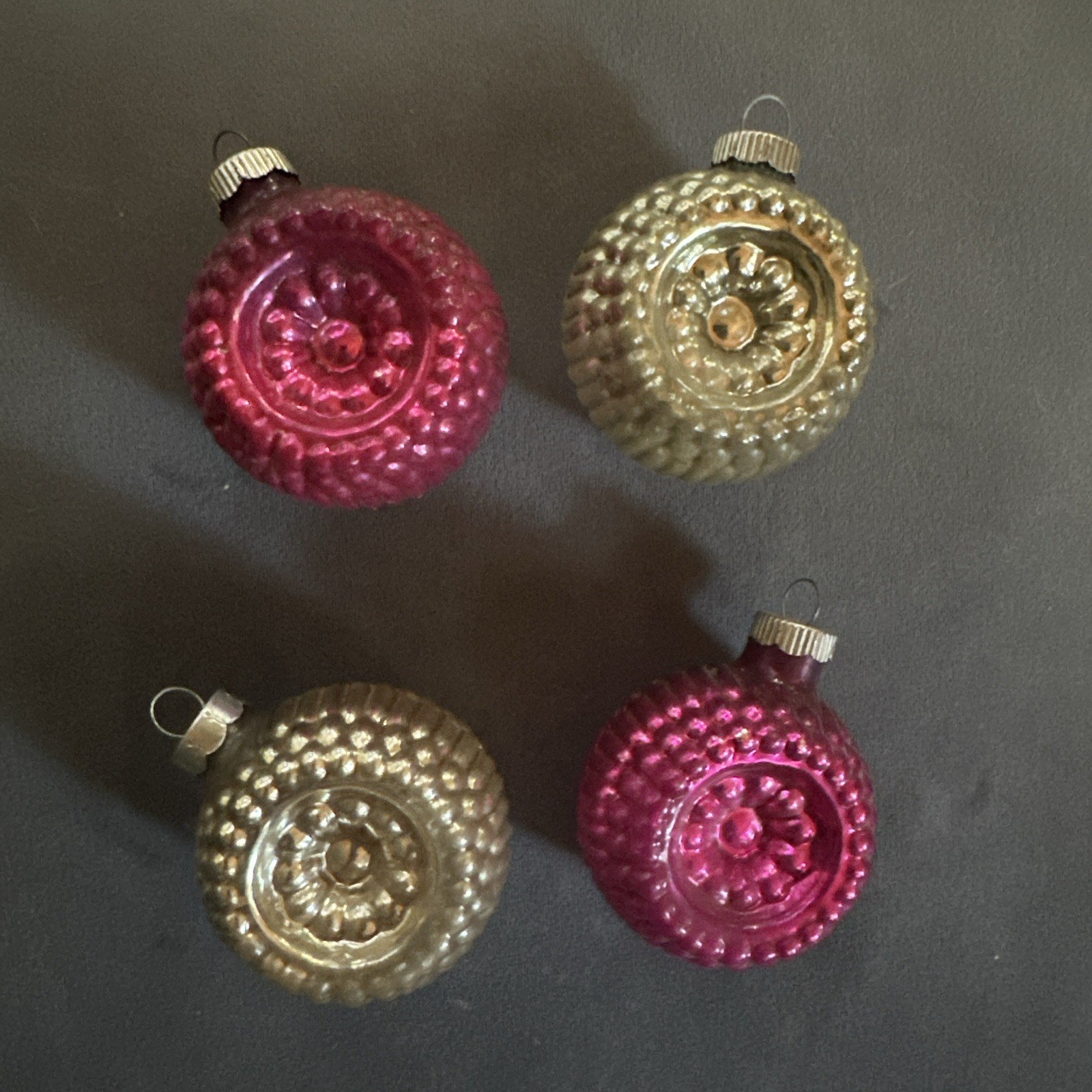 Vintage Shiny Brite Dbl Indent Bumpy Glass Christmas Ornaments 2 pink 2 gold Vintage Shiny Brite Dbl Indent Bumpy Glass Christmas Ornaments 2 pink 2 gold