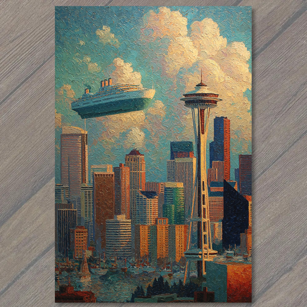 POSTCARD Seattle Space Needle Skyline Floating Cruise Ship Surreal City POSTCARD Seattle Space Needle Skyline Floating Cruise Ship Surreal City
