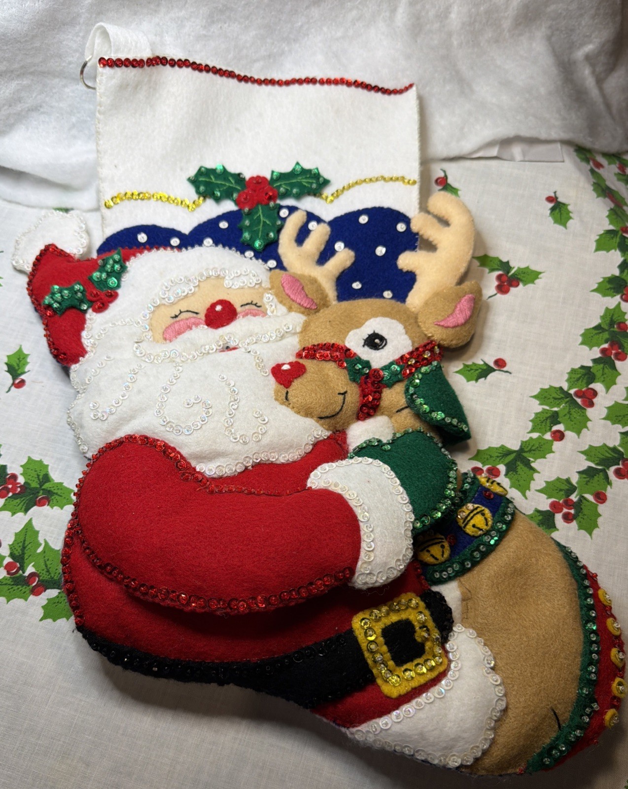 Vintage Bucilla Finished Felt Christmas Stocking - Santa & Rudolph 18 Inch Vintage Bucilla Finished Felt Christmas Stocking - Santa & Rudolph 18 Inch