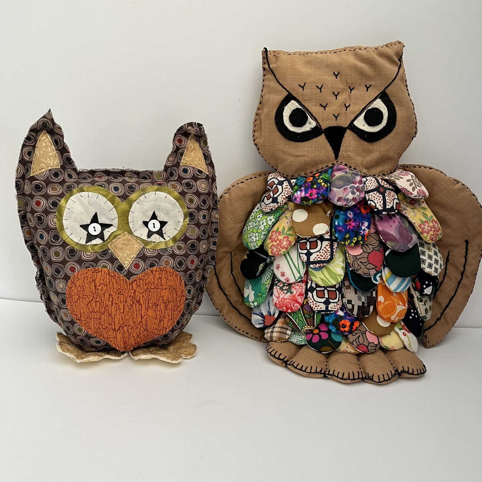 Lot Of 2 Vintage Homemade OOAK Fall Themed Fabric Owls Home Decoration