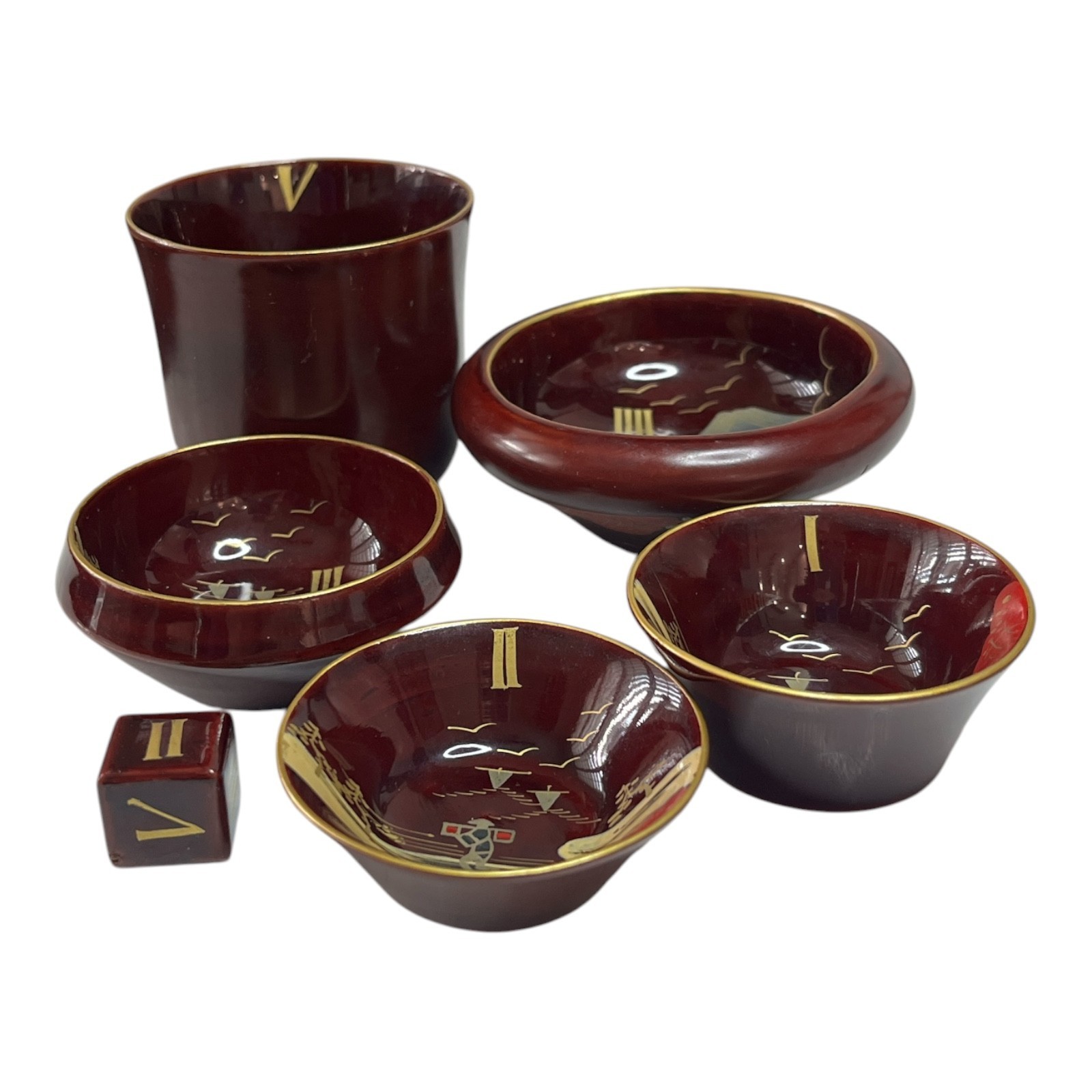 Japanese Aizu Lacquerware Mushroom Nesting Cup Drinking Game Complete 1950s
