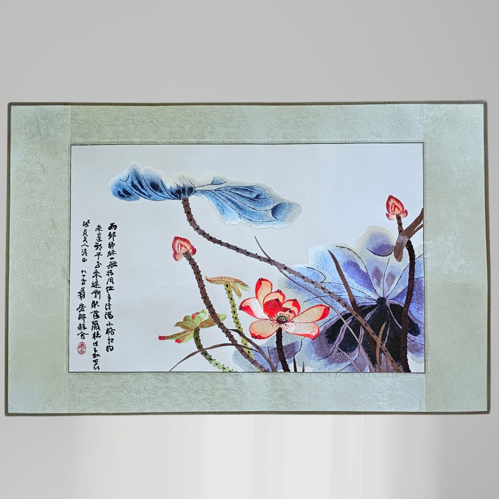 Vintage Chinese Handmade Silk Embroidery Lotus Pond Watercolor Calligraphy Style Vintage Chinese Handmade Silk Embroidery Lotus Pond Watercolor Calligraphy Style